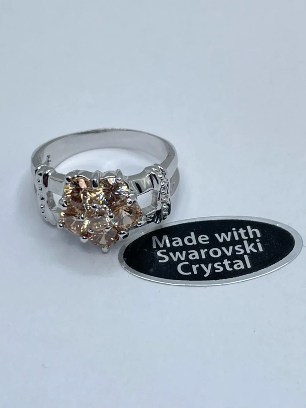 Swarovski Champagne Crystal Floral Cluster Ring Silver Tone Sz 8 Modern